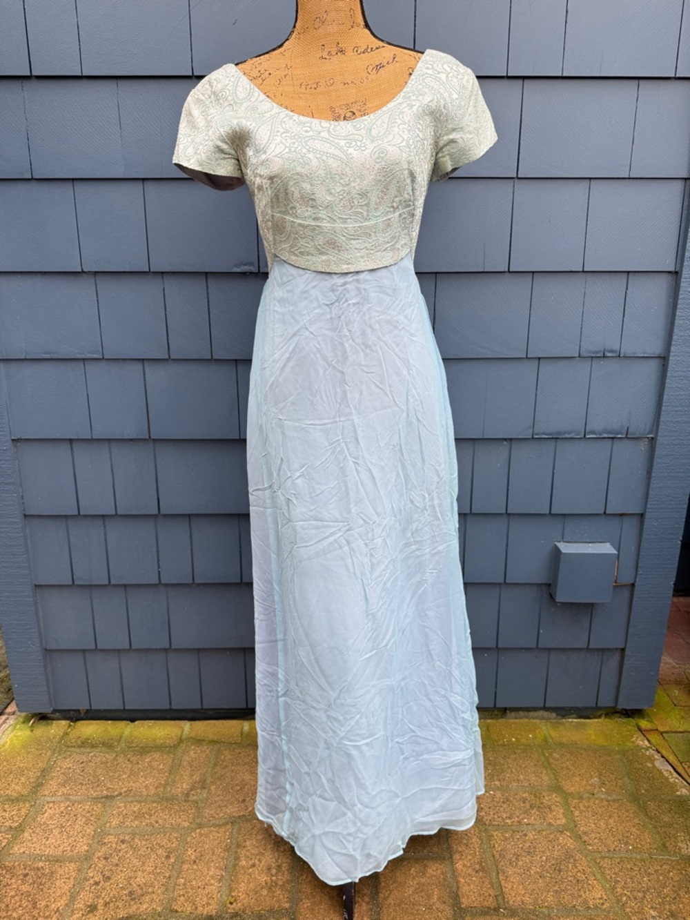 Vintage Cream Embroidered Bodice with Pale Blue Maxi Skirt 60’s elegance dress